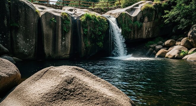 A scenic waterfall cascades over large, smooth granite boulders into a tranquil, dark pool of water in a lush green forest setting on a sunny day