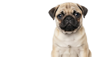 A charming fawn pug puppy stares intently with its soulful eyes, radiating warmth and tenderness.