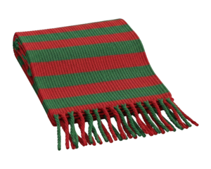 Knitted woolen accessory displays alternating horizontal stripes of bright red and deep green colors.