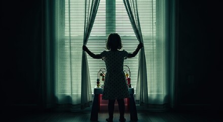 Rear view of a curious little girl silhouetted in a dark room as she parts the curtains to look through a window with blinds, creating a moody and cinematic scene