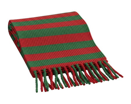 Knitted woolen accessory displays alternating horizontal stripes of bright red and deep green colors.
