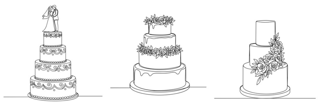 Hand-drawn wedding cakes, three different tiered cakes with floral decorations, elegant and festive designs, romantic dessert, celebration symbol, unique cake toppers, artistic pastry presentation