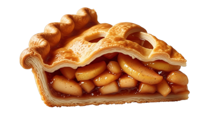 A delectable slice of apple pie showcased against a dark background, highlighting its flaky crust.