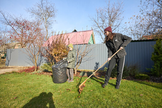 Autumn yard cleanup with kids: raking and bagging leaves in a backyard setting