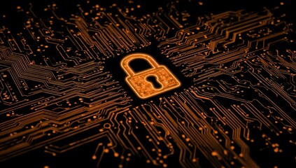 Circuit board with a glowing padlock