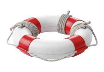 White and red flotation device featuring a thick white rope secured around its exterior.