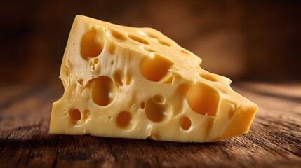 A delicious wedge of Swiss cheese with large holes resting on a rustic wooden table.