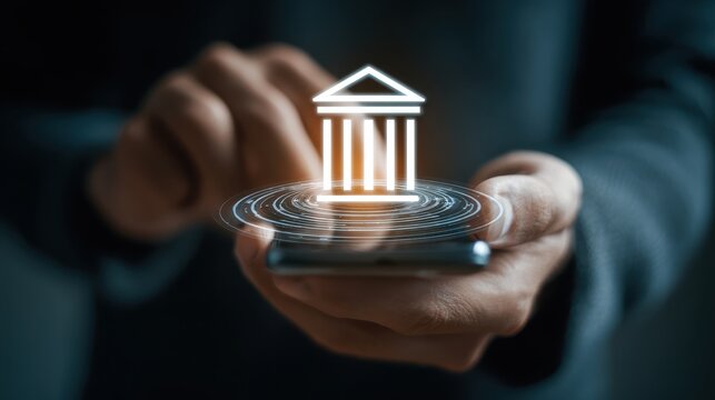 Digital Banking Concept with Smartphone and Bank Icon, Financial Technology and Online Transactions, Modern Mobile Banking Solutions, Innovative Payment Systems