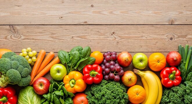 Fresh vegetables and fruits arranged on wooden table surface