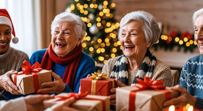 Elderly people smiling and exchanging Christmas gifts at home. Elderly people with Christmas presents in a nursing home