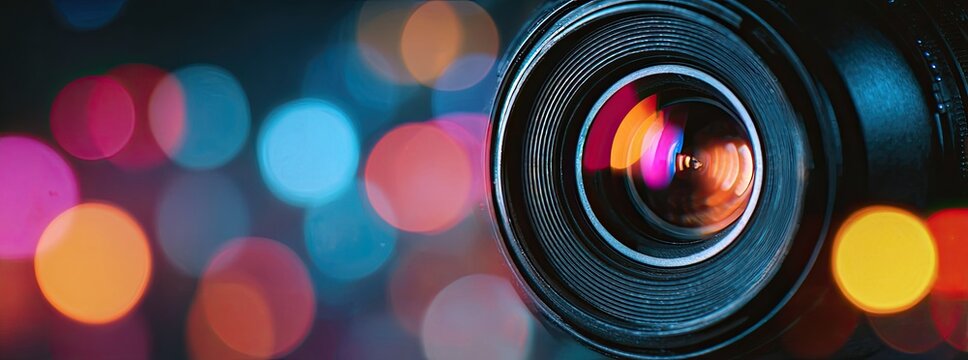 Close-up of camera lens with colorful bokeh - Powered by Adobe