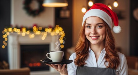 Young woman wearing Santa hat serving coffee in festive cafe  