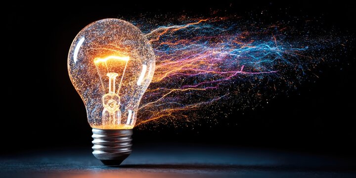 Glowing lightbulb with colorful energy trails