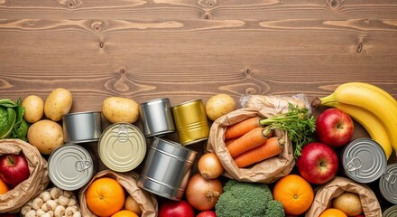 Fresh vegetables, fruits, and canned goods on wooden table. Food donations on wooden table with copy space.    