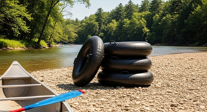 A stack of black inflatable tubes and a canoe with a paddle rest on a rocky riverbank, ready for a fun summer day of floating and adventure in the peaceful wilderness