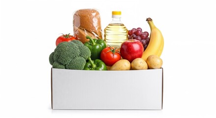 Assorted fresh vegetables and fruits in a delivery box. Donation box isolated on white background. Paper box with food 