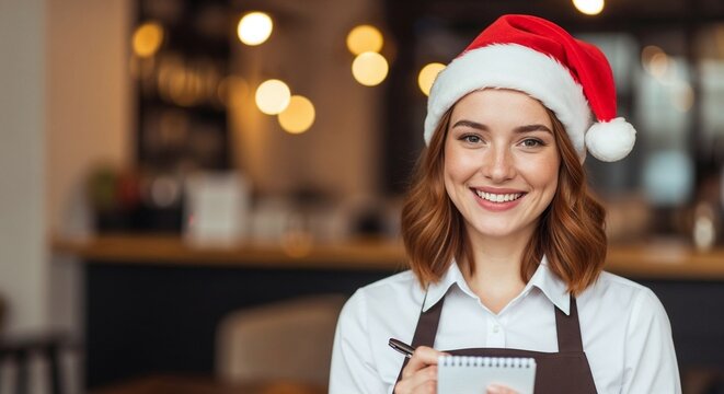 Smiling woman in Santa hat holding notepad at festive café, waitress ready to take orders. Copy space left