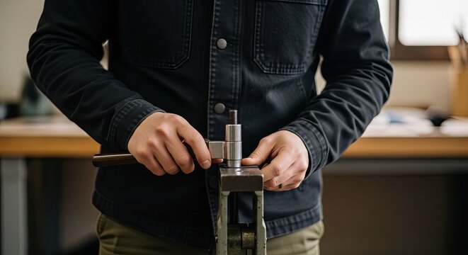 A focused artisan wearing a dark work shirt adjusts a metal screw press on a workbench, showcasing the process of manual labor and skilled manufacturing in a modern studio