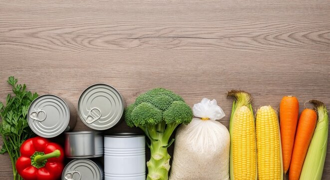Fresh vegetables and canned goods arranged, Food donations on wooden table with copy space.  