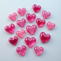 Obraz premium Glossy 3D hearts in gradient pink tones, scattered playfully on white background.