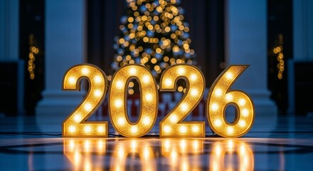 Lighted numbers 2026 in front of a decorated Christmas tree on a blue background  