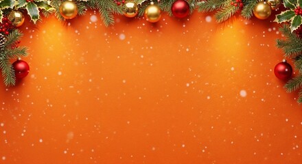 Christmas decoration with festive ornaments and snow on orange background  