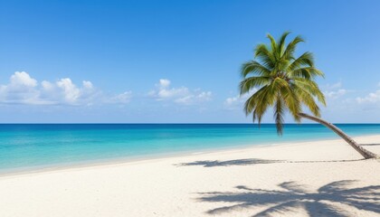 Obraz premium Idyllic Tropical Beach Scene Featuring a Leaning Palm Tree, Pristine White Sand, and Clear Turquoise Ocean Water