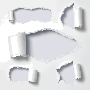 Create a kinds of deferent white torn paper hole vector art with white background.