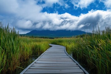 Obraz premium Wooden plank pathway winds through lush green wetland under dramatic cloudy sky with mountain partially covered by clouds in background, creating peaceful natural scene