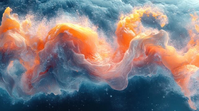 Dynamic Abstract Swirl of Fiery Orange and Cool Blue Particles Intertwining with Sparkling Droplets Against a Deep Dark Background - Powered by Adobe