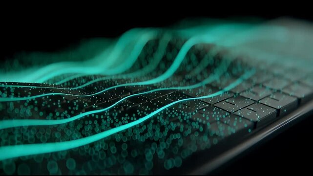 Tech Keyboard: Close-up of a modern keyboard, bathed in cool, ethereal light. The sleek design and illuminated keys blend seamlessly with the soft, flowing digital patterns that overlay it.