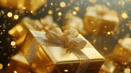 Stunning golden gift box with ribbon and bokeh lights, perfect for holiday promotions or elegant designs