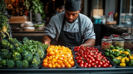 Focused Chef Arranges Vibrant Fresh Produce Including Broccoli Cherry Tomatoes and Yellow Tomatoes In A Commercial Kitchen Setting Illuminated By Warm Lighting