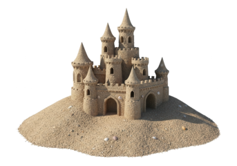 Intricate fortress structure expertly constructed from granular beach material resting upon a mound