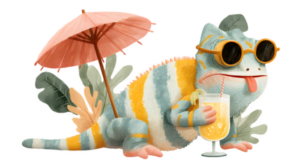 Cute tropical chameleon in sunglasses holding a mini drink umbrella with tongue out, funny animal illustration for summer holiday or birthday design, isolated on white background 
