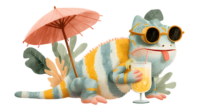 Cute tropical chameleon in sunglasses holding a mini drink umbrella with tongue out, funny animal illustration for summer holiday or birthday design, isolated on white background  - Powered by Adobe