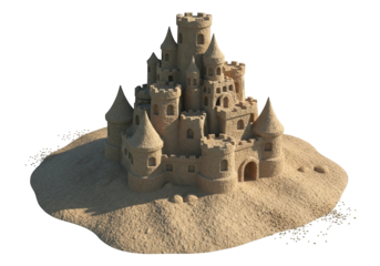 Intricate structure of a large sculpted sandcastle sitting upon a mound of fine grain material