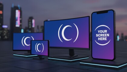 Digital Device Mockup Smartphone and Screens on Glowing Platforms at Night City View