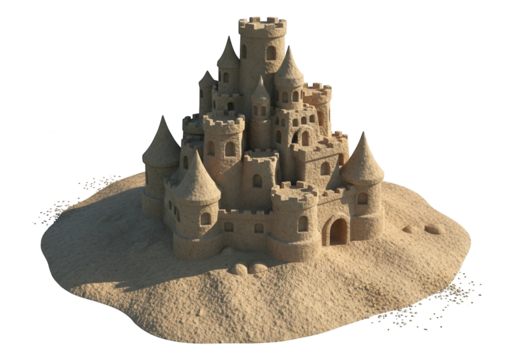 Intricate structure of a large sculpted sandcastle sitting upon a mound of fine grain material