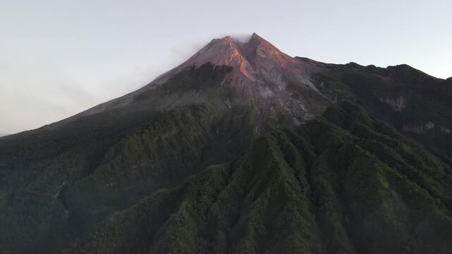 Sunrise Aerial View of Mount Merapi Volcano at dawn from Klangon Hill, Yogyakarta, Indonesia