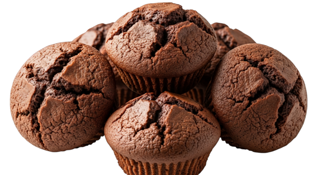 A tantalizing arrangement of moist chocolate muffins sit ready for consumption in studio setting.
