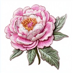 Pink peony blossom flower with leaves patch embroidery sewing cloth, isolated white