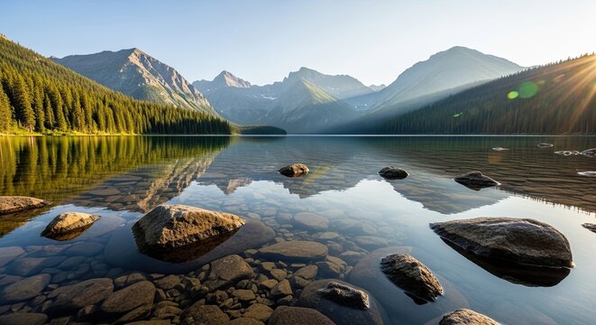Serene mountain landscape featuring a calm, transparent lake with stones visible on the bottom, surrounded by a dense evergreen forest as the sun rises over the peaks - Powered by Adobe