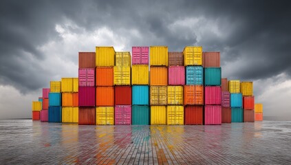 Colorful shipping containers stacked in a large quantity under a stormy sky