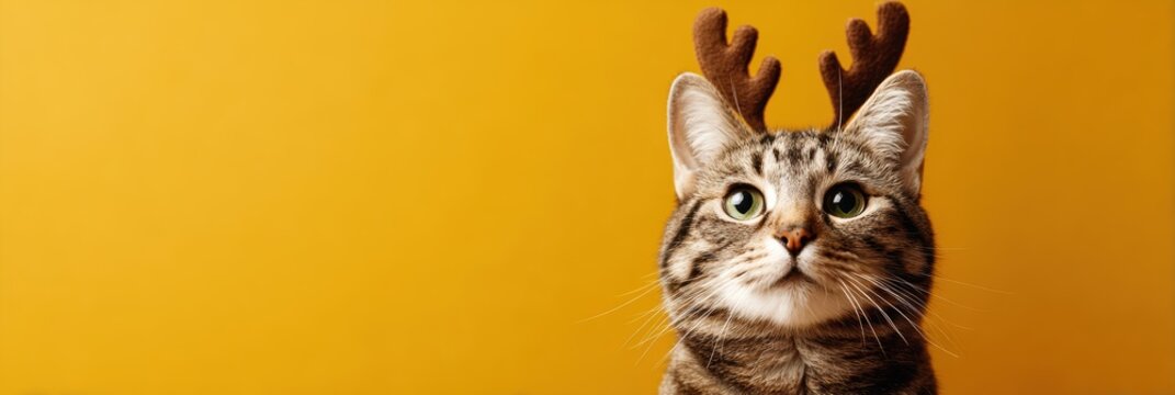 Adorable tabby cat wearing reindeer antlers against a vibrant yellow background