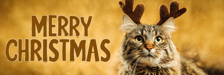 Festive cat wearing reindeer antlers with Merry Christmas greeting on a gold background