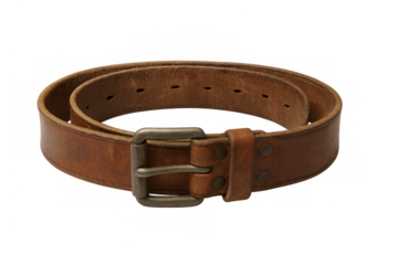 Brown leather belt with metal buckle, a timeless fashion accessory and clothing item for waist adjusting