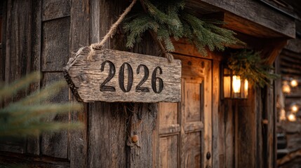 Rustic wooden sign with the year 2026 hanging on a cabin door
