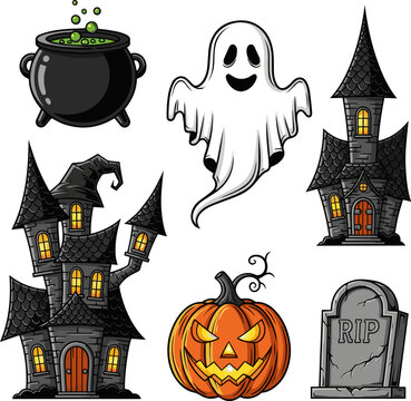 Create a set of decorative halloween objects cauldron, ghost, witch house castle, pumpkin, tombstone, vector art with white background..