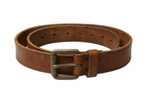 Brown leather belt with metal buckle, a timeless fashion accessory and clothing item for waist adjusting